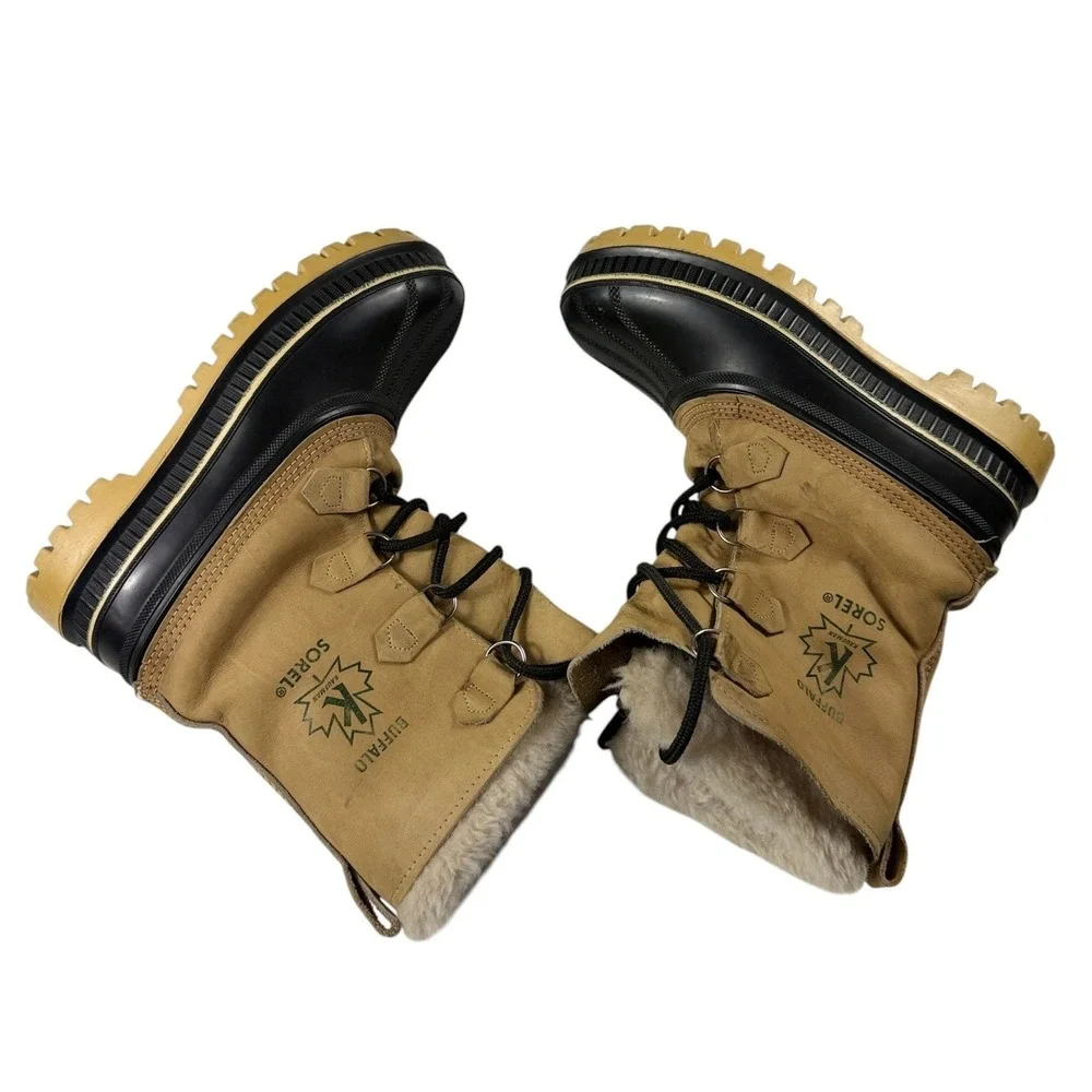 Sorel Kaufman Buffalo Winter Boots Mens 7 Made in Canada Tan Black Leather Wool